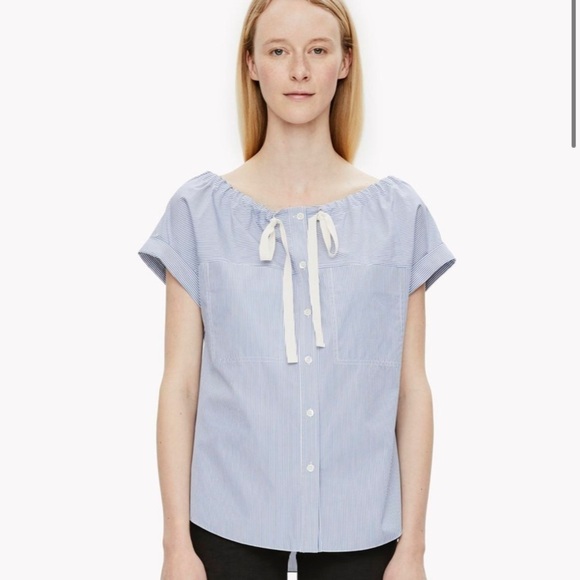 Theory Size Medium Vertical Striped Utility Short Sleeve Shirt Blouse Blue - Picture 1 of 7
